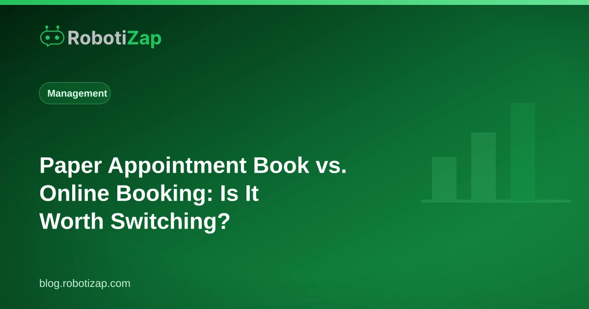 Paper appointment book on a barbershop front desk next to a phone showing an online booking calendar