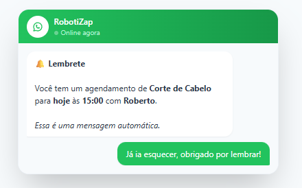 Exemplo de lembrete automático enviado pelo RobotiZap no WhatsApp