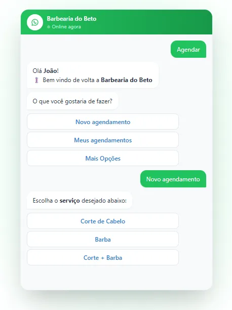 Conversa simulada de robô WhatsApp barbearia fazendo agendamento