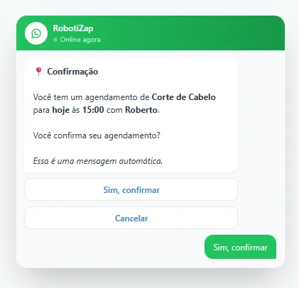 Tela de confirmação automática de comparecimento no RobotiZap
